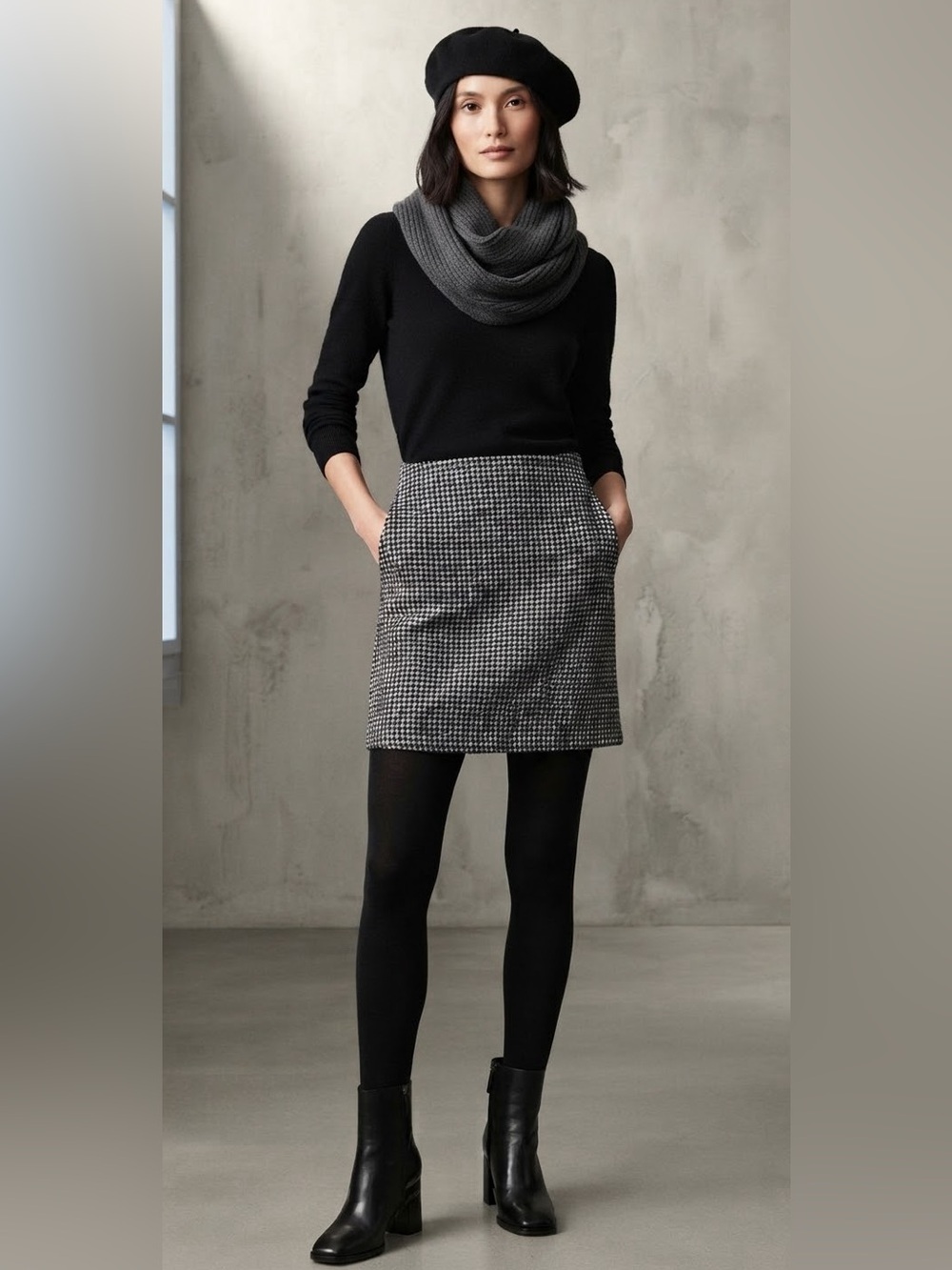 Ann Taylor Black White Houndstooth Tweed Wool Mini Pencil Skirt Size 6